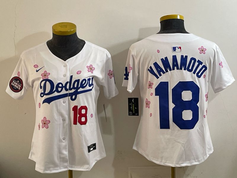 Women Nike 2026 Los Angeles Dodgers #18 Yamamoto White Sakura Edition Game MLB Jersey 02